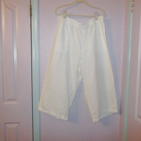 Lands End Women's Linen Wide Leg Pants Size LP High Rise Pockets Crop White Boho - Picture 1 of 10